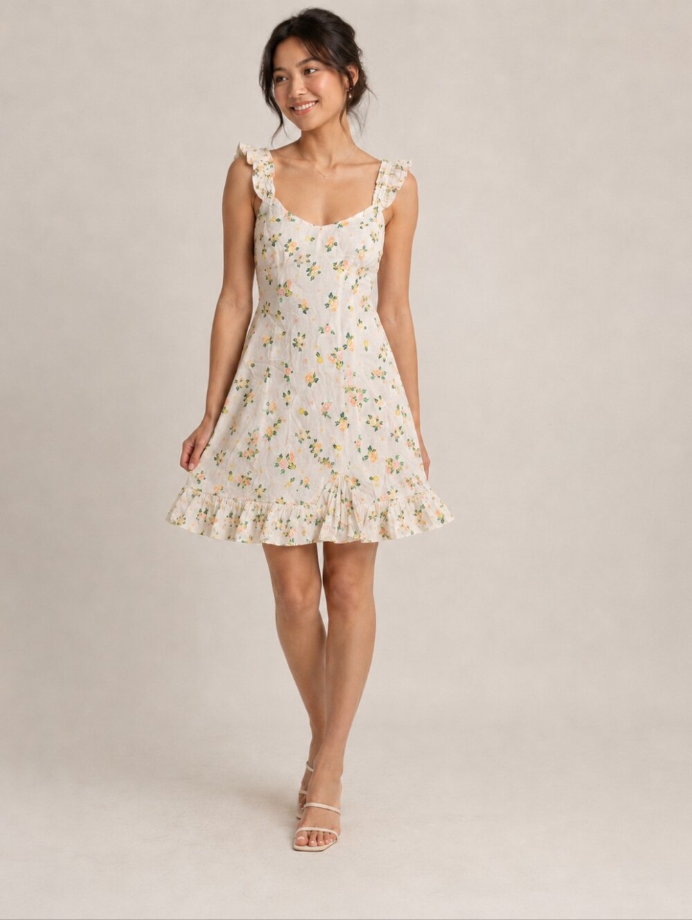 Free People Women’s Size XS Ivory Floral Ruffle Strap Mini Dress